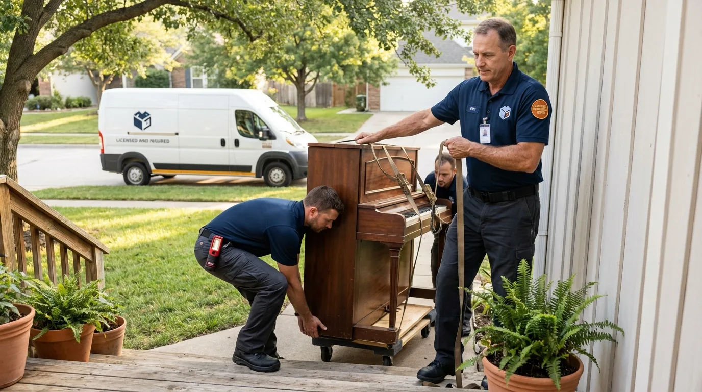 Licensed piano movers securing grand piano in Centerville, TN
