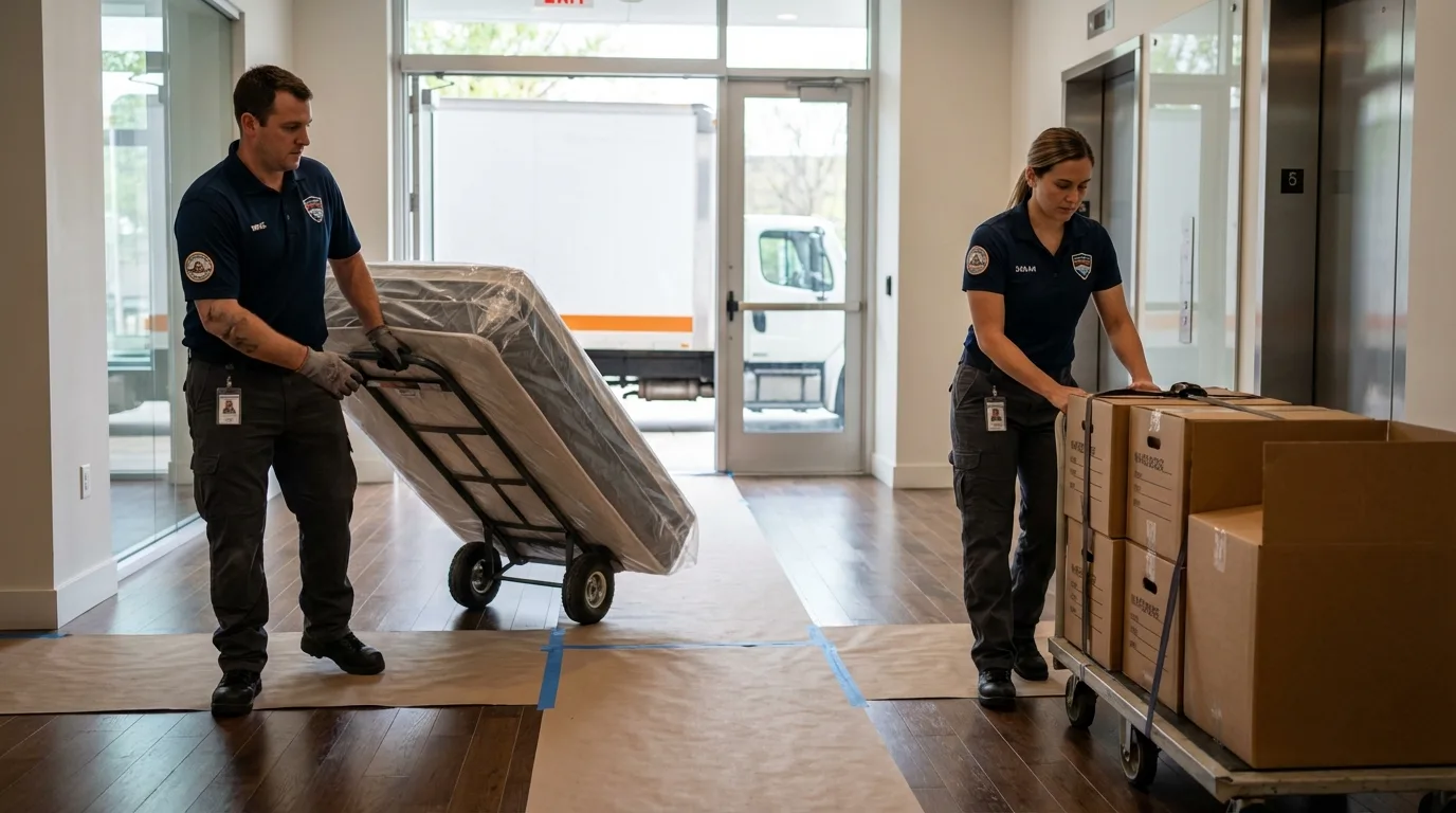 Professional apartment movers loading elevator in Centerville, TN